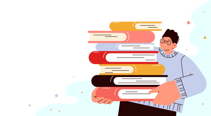 Drawing of a person holding seven books